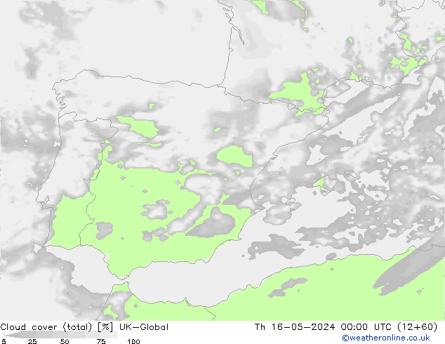 Cloud cover (total) UK-Global Čt 16.05.2024 00 UTC