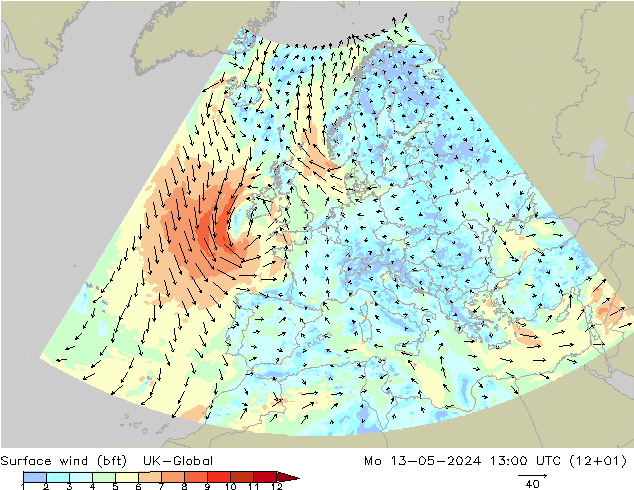 Surface wind (bft) UK-Global Mo 13.05.2024 13 UTC