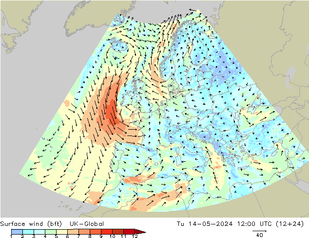 Vento 10 m (bft) UK-Global mar 14.05.2024 12 UTC