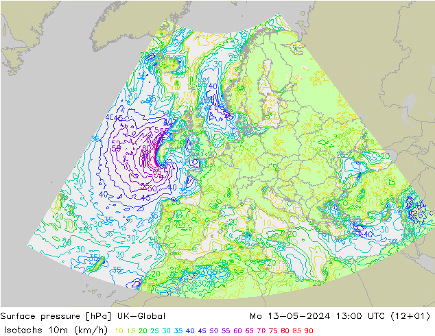 10米等风速线 (kph) UK-Global 星期一 13.05.2024 13 UTC