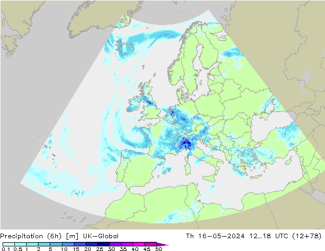 Precipitation (6h) UK-Global Th 16.05.2024 18 UTC