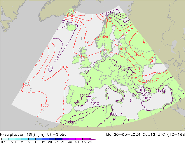 Precipitation (6h) UK-Global Mo 20.05.2024 12 UTC