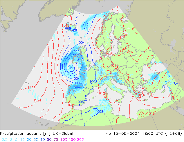 Precipitation accum. UK-Global Seg 13.05.2024 18 UTC