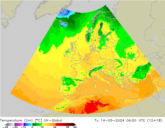 Temperature (2m) UK-Global Út 14.05.2024 06 UTC