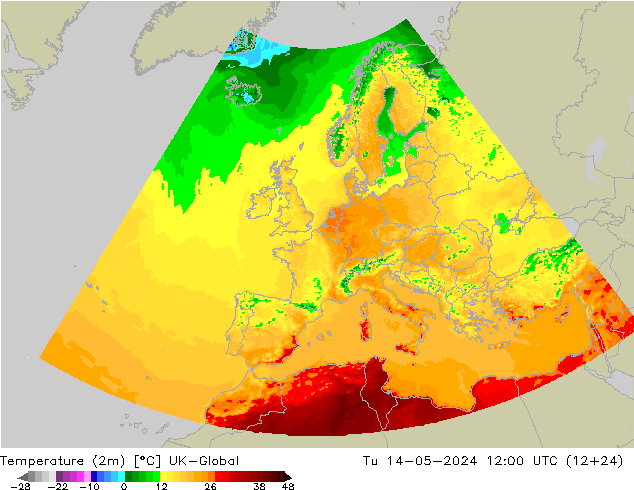 Temperature (2m) UK-Global Út 14.05.2024 12 UTC