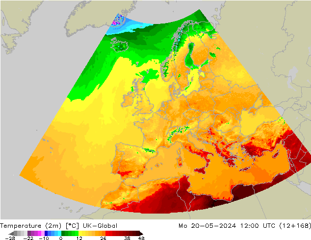 Temperatuurkaart (2m) UK-Global ma 20.05.2024 12 UTC