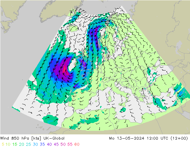 风 850 hPa UK-Global 星期一 13.05.2024 12 UTC