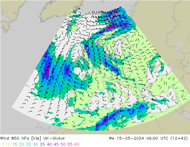 Wind 850 hPa UK-Global wo 15.05.2024 06 UTC