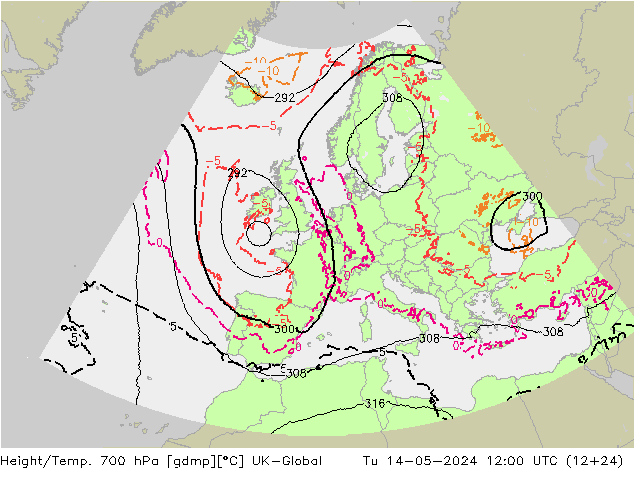 Geop./Temp. 700 hPa UK-Global mar 14.05.2024 12 UTC