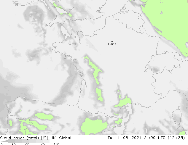 Cloud cover (total) UK-Global Út 14.05.2024 21 UTC