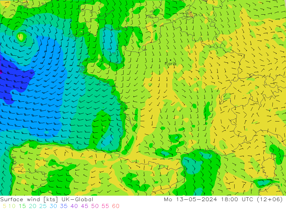 ветер 10 m UK-Global пн 13.05.2024 18 UTC