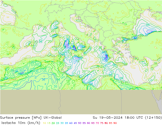Eşrüzgar Hızları (km/sa) UK-Global Paz 19.05.2024 18 UTC
