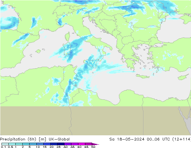Totale neerslag (6h) UK-Global za 18.05.2024 06 UTC