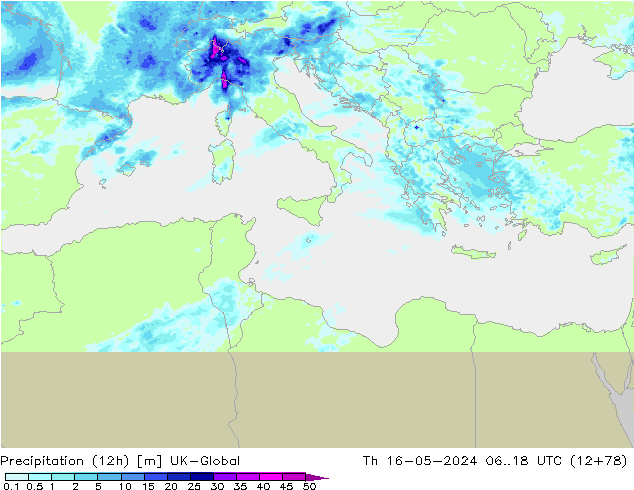 Precipitation (12h) UK-Global Th 16.05.2024 18 UTC