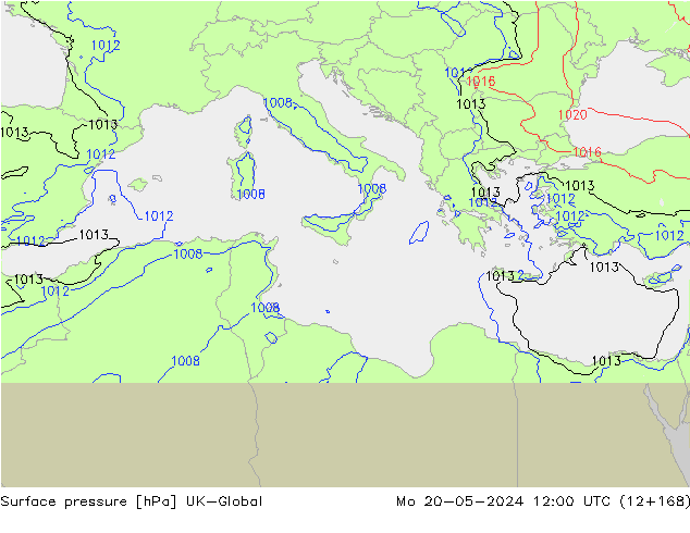 Atmosférický tlak UK-Global Po 20.05.2024 12 UTC