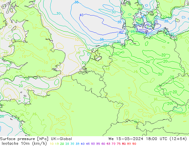 Eşrüzgar Hızları (km/sa) UK-Global Çar 15.05.2024 18 UTC