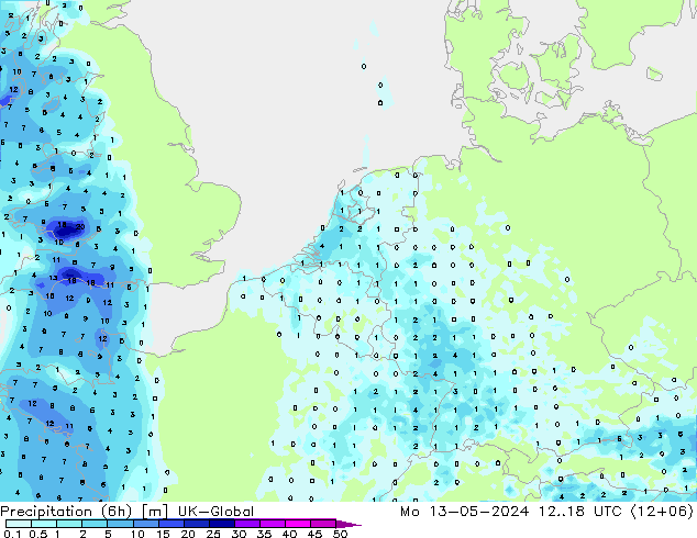 Precipitación (6h) UK-Global lun 13.05.2024 18 UTC