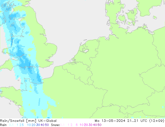 Rain/Snowfall UK-Global Pzt 13.05.2024 21 UTC