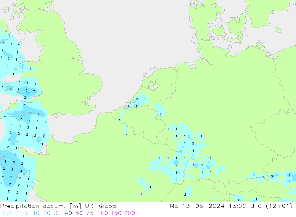 Precipitación acum. UK-Global lun 13.05.2024 13 UTC