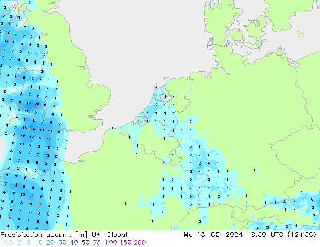 Precipitation accum. UK-Global Mo 13.05.2024 18 UTC