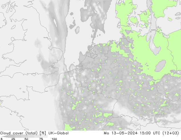 Cloud cover (total) UK-Global Po 13.05.2024 15 UTC