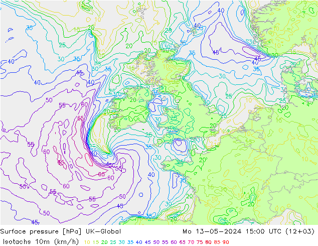 Isotachs (kph) UK-Global  13.05.2024 15 UTC