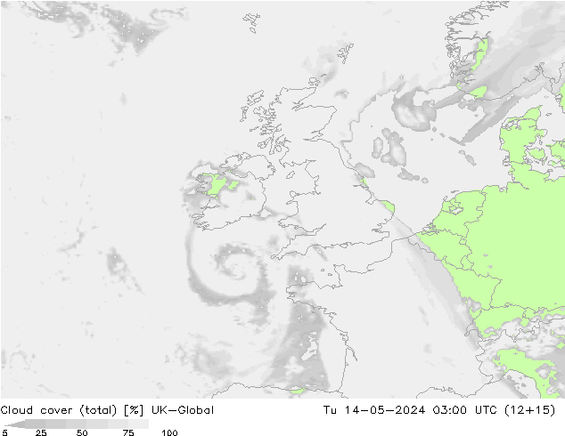 Bewolking (Totaal) UK-Global di 14.05.2024 03 UTC