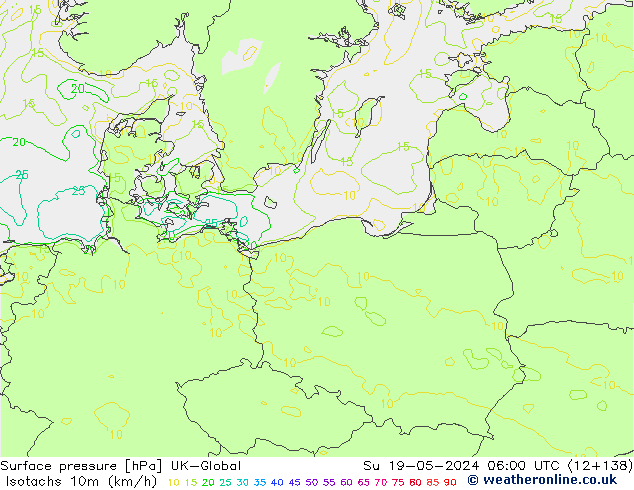Isotachen (km/h) UK-Global zo 19.05.2024 06 UTC