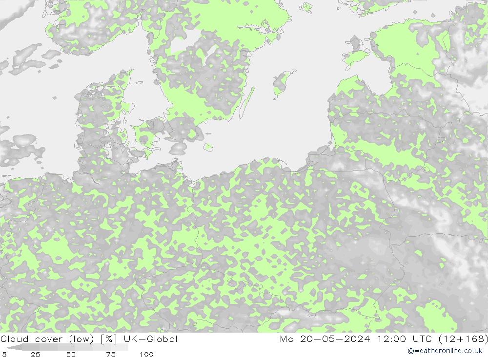Cloud cover (low) UK-Global Mo 20.05.2024 12 UTC