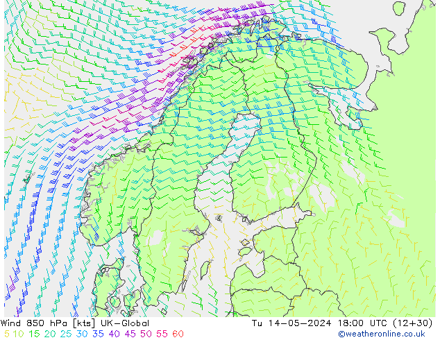 Rüzgar 850 hPa UK-Global Sa 14.05.2024 18 UTC