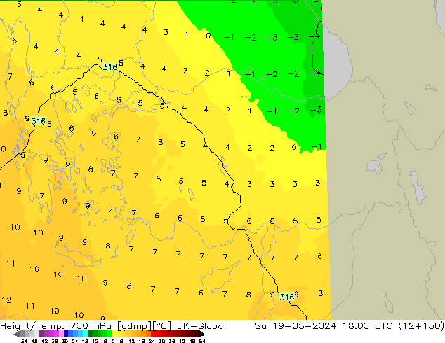 Height/Temp. 700 hPa UK-Global Dom 19.05.2024 18 UTC