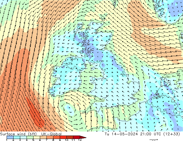 Surface wind (bft) UK-Global Út 14.05.2024 21 UTC