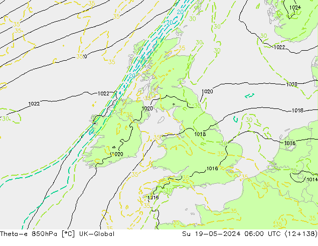Theta-e 850hPa UK-Global nie. 19.05.2024 06 UTC