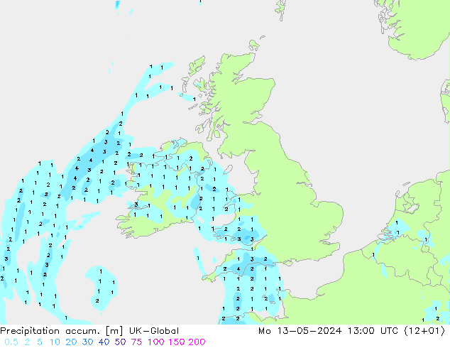 Precipitation accum. UK-Global пн 13.05.2024 13 UTC