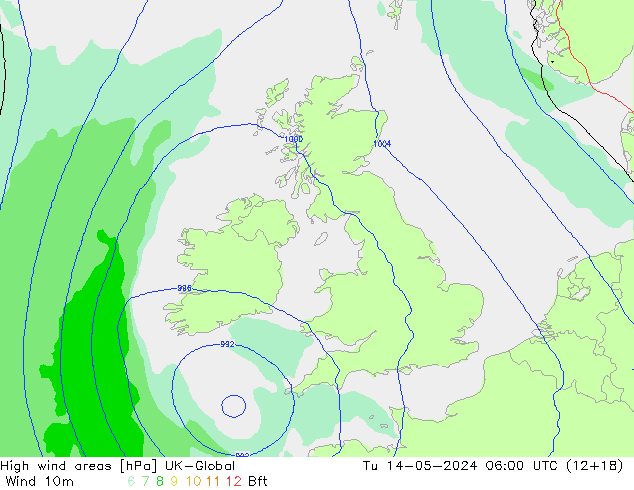High wind areas UK-Global Út 14.05.2024 06 UTC