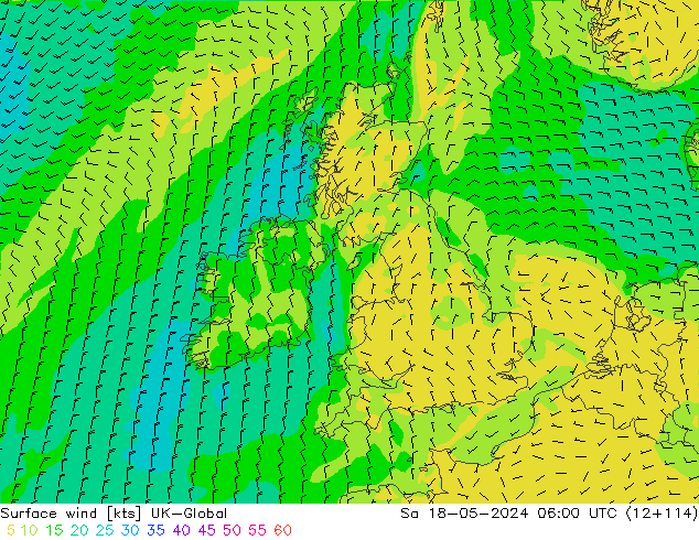 Wind 10 m UK-Global za 18.05.2024 06 UTC