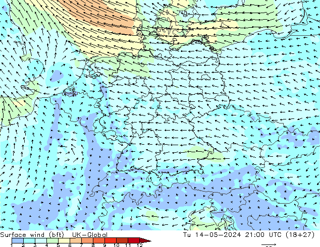 Surface wind (bft) UK-Global Út 14.05.2024 21 UTC