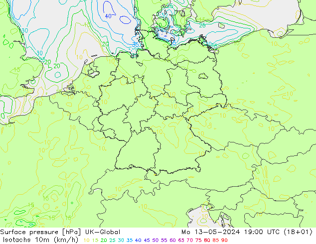 10米等风速线 (kph) UK-Global 星期一 13.05.2024 19 UTC
