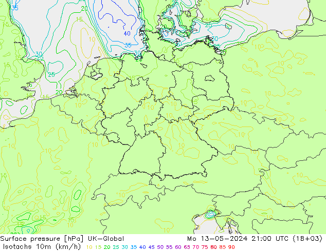 Isotachen (km/h) UK-Global Mo 13.05.2024 21 UTC
