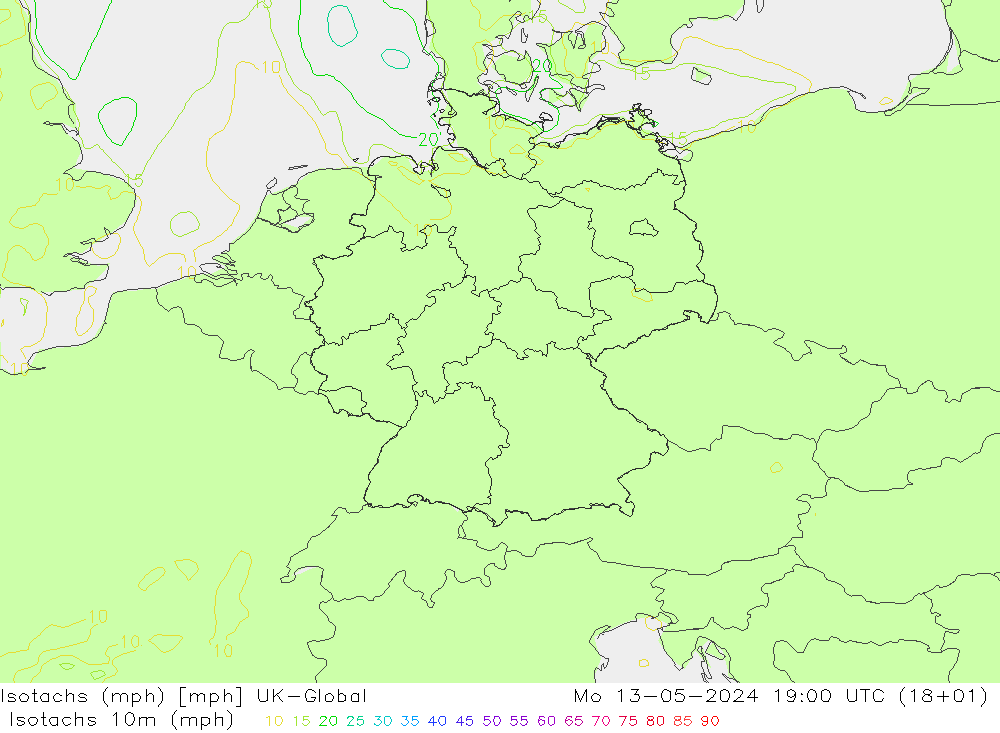 Isotachs (mph) UK-Global 星期一 13.05.2024 19 UTC