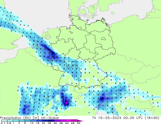 Precipitation (6h) UK-Global Čt 16.05.2024 06 UTC