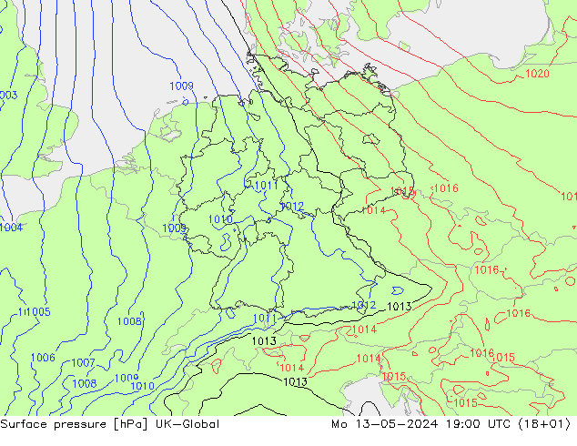 Surface pressure UK-Global Mo 13.05.2024 19 UTC