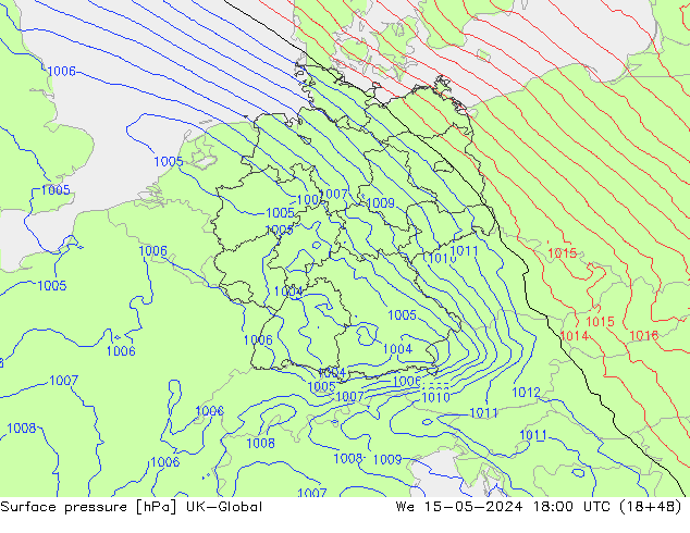 Pressione al suolo UK-Global mer 15.05.2024 18 UTC