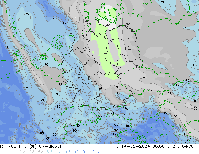 Humidité rel. 700 hPa UK-Global mar 14.05.2024 00 UTC