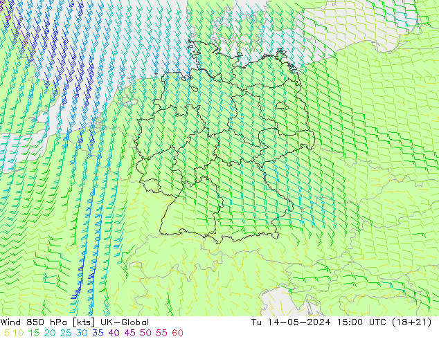 风 850 hPa UK-Global 星期二 14.05.2024 15 UTC