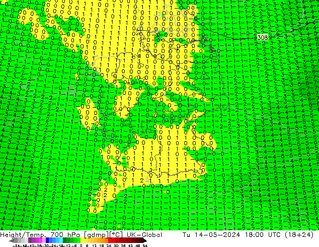 Geop./Temp. 700 hPa UK-Global mar 14.05.2024 18 UTC