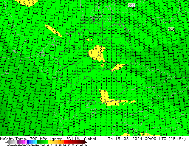 Height/Temp. 700 hPa UK-Global  16.05.2024 00 UTC