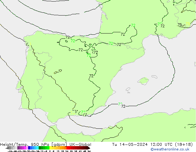 Géop./Temp. 950 hPa UK-Global mar 14.05.2024 12 UTC