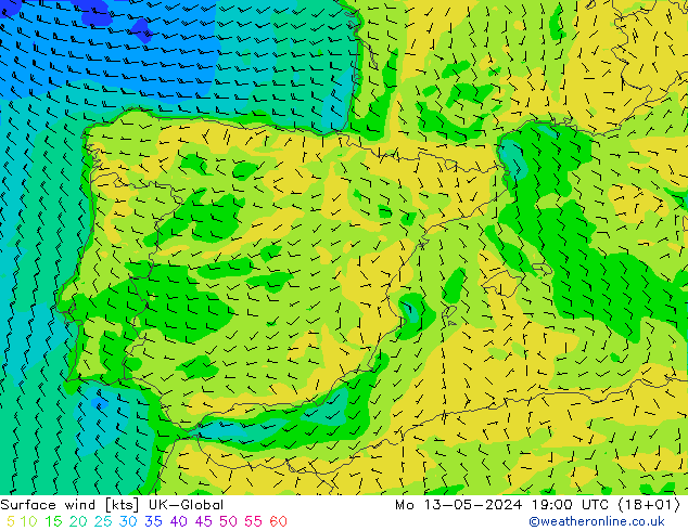 Surface wind UK-Global Mo 13.05.2024 19 UTC