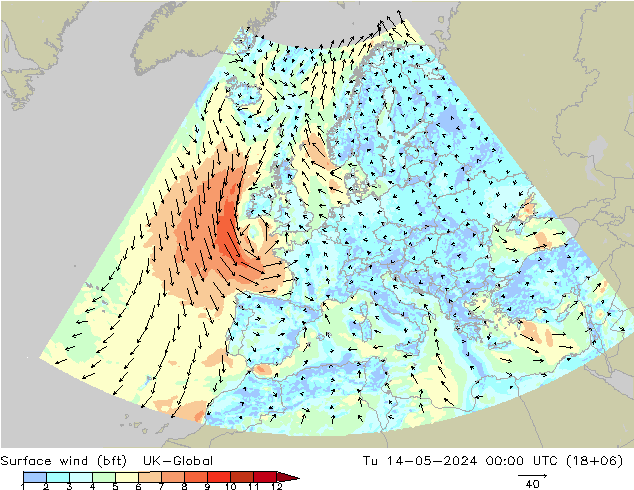 Surface wind (bft) UK-Global Tu 14.05.2024 00 UTC
